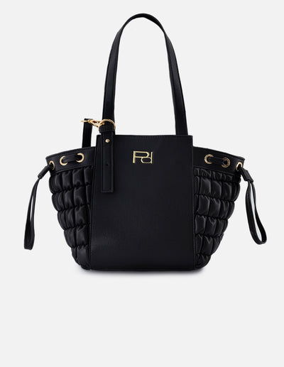 Bolso tote de nylon para mujer color negro con detalles dorados y correa ajustable