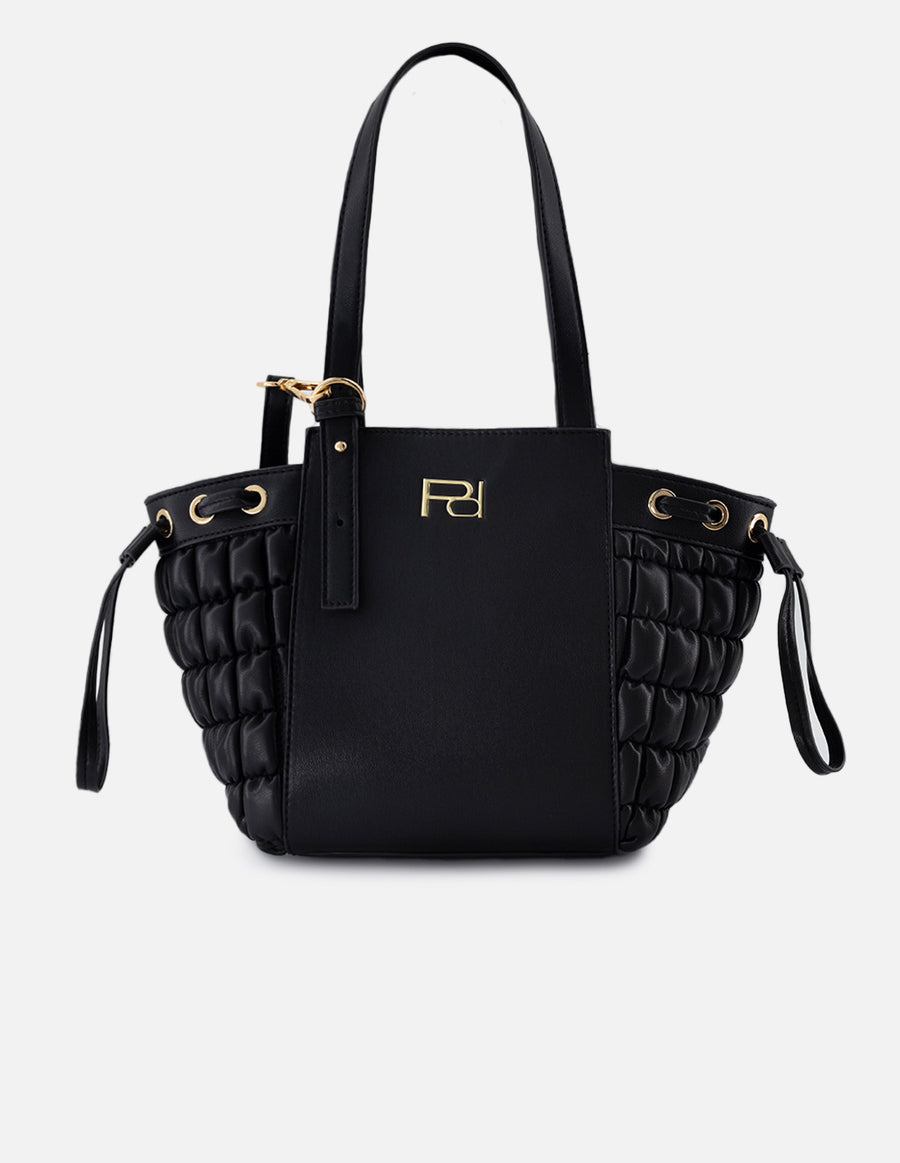 Bolso tote de nylon para mujer color negro con detalles dorados y correa ajustable