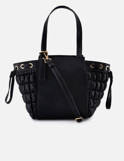 Bolso tote de nylon para mujer color negro con detalles dorados y correa ajustable