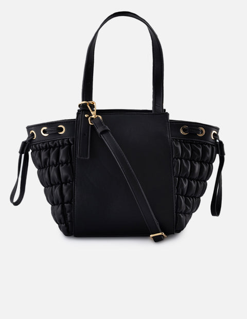 Bolso tote de nylon para mujer color negro con detalles dorados y correa ajustable