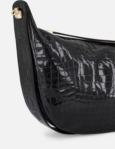 Bolso de hombro color negro de charol para mujer con grabado tipo coco