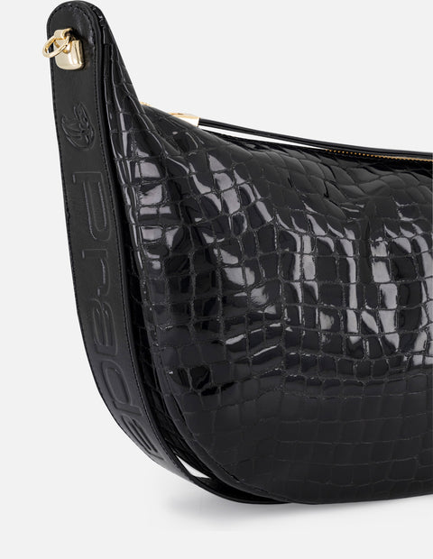 Bolso de hombro color negro de charol para mujer con grabado tipo coco