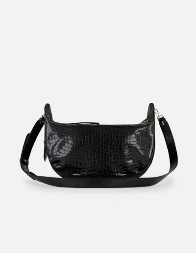 Bolso de hombro color negro de charol para mujer con grabado tipo coco