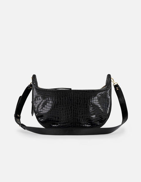 Bolso de hombro color negro de charol para mujer con grabado tipo coco