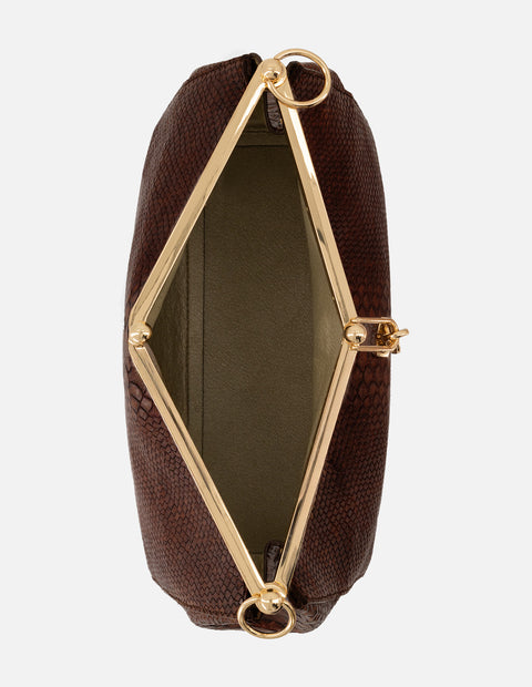 Bolso de hombro color café de piel para mujer con grabado tipo serpiente