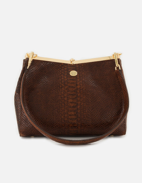Bolso de hombro color café de piel para mujer con grabado tipo serpiente