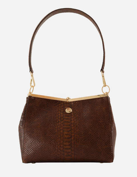 Bolso de hombro color café de piel para mujer con grabado tipo serpiente