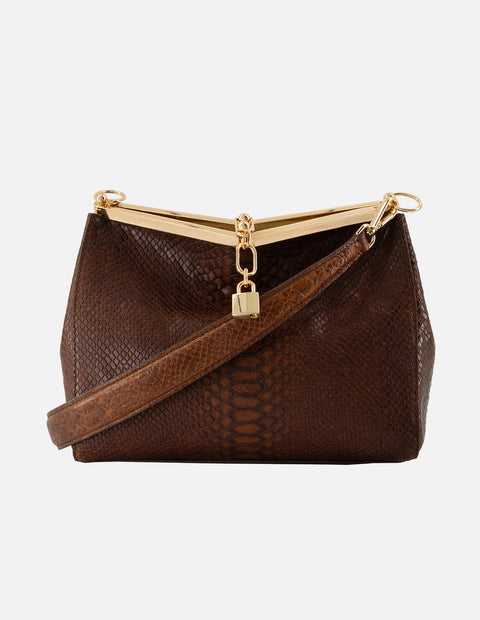 Bolso de hombro color café de piel para mujer con grabado tipo serpiente
