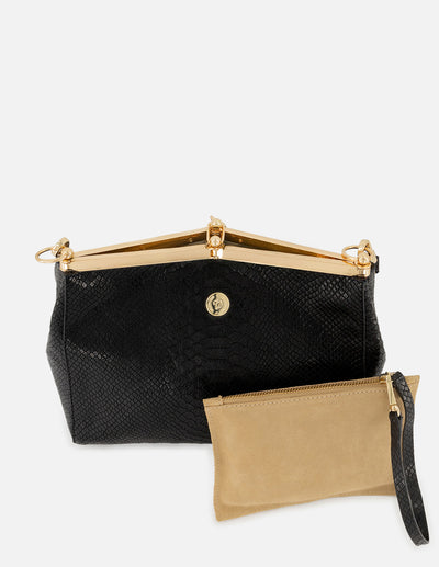 Bolso de hombro color negro de piel para mujer con grabado tipo serpiente