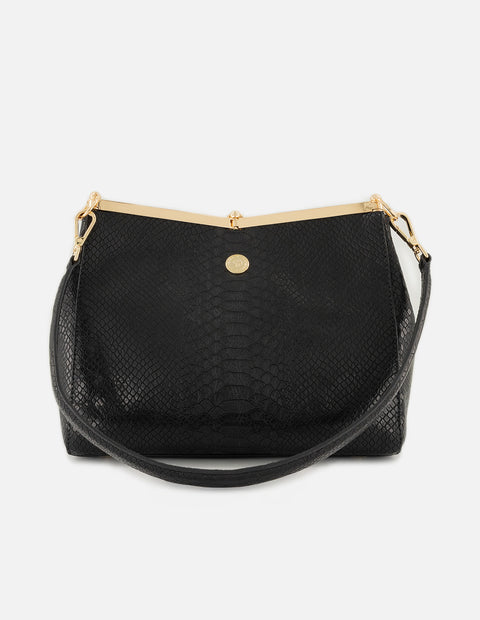 Bolso de hombro color negro de piel para mujer con grabado tipo serpiente