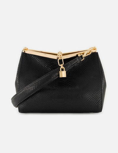 Bolso de hombro color negro de piel para mujer con grabado tipo serpiente