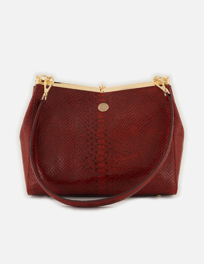 Bolso de hombro color vino de piel para mujer con grabado tipo serpiente