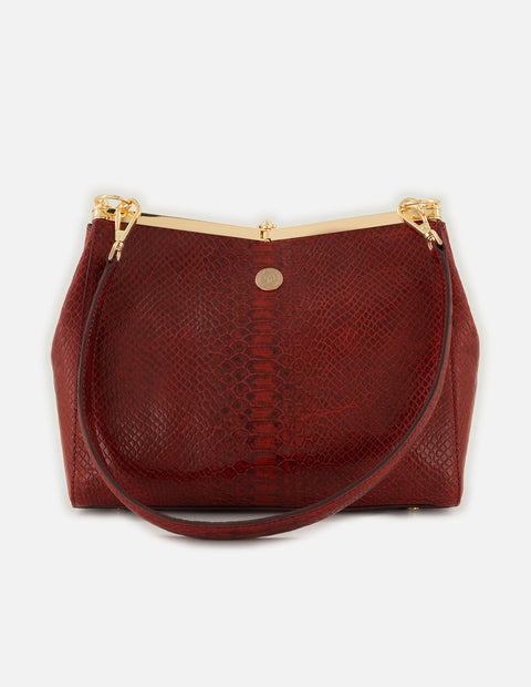 Bolso de hombro color vino de piel para mujer con grabado tipo serpiente