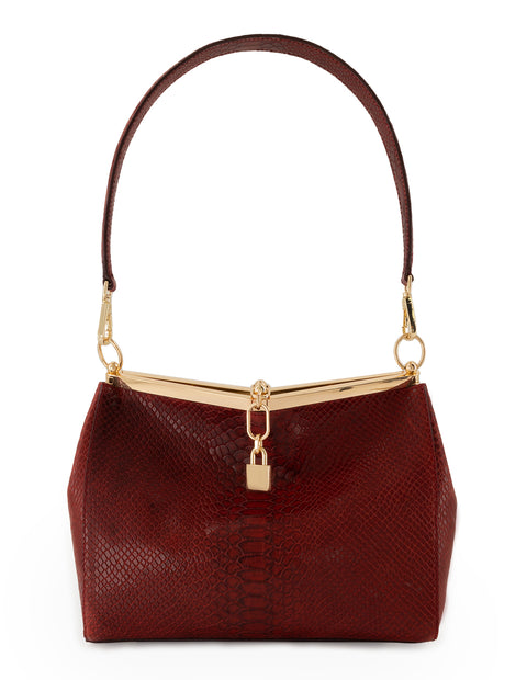 Bolso de hombro color vino de piel para mujer con grabado tipo serpiente