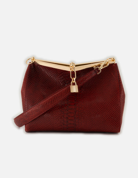 Bolso de hombro color vino de piel para mujer con grabado tipo serpiente