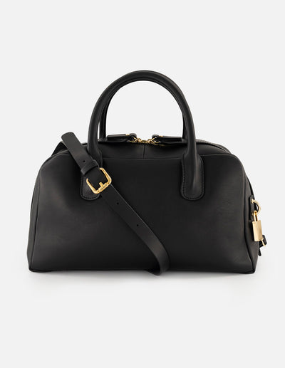 Bolso bowling negro piel para mujer con tapa convertible