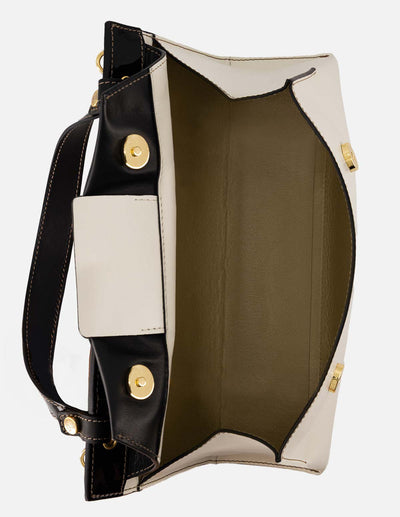Satchel blanco piel para mujer con solapa color negro