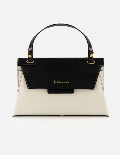 Satchel blanco piel para mujer con solapa color negro