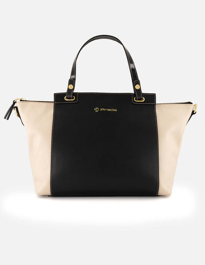 Bolso mano bicolor piel para mujer con letras color dorado