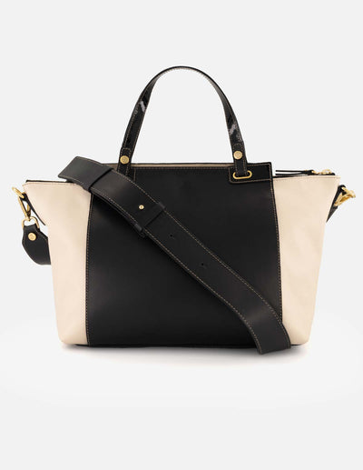 Bolso mano bicolor piel para mujer con letras color dorado