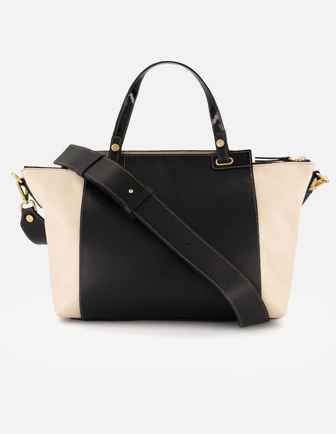 Bolso mano bicolor piel para mujer con letras color dorado