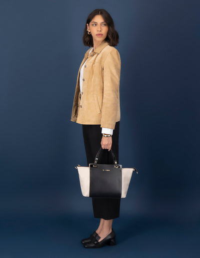 Bolso mano bicolor piel para mujer con letras color dorado