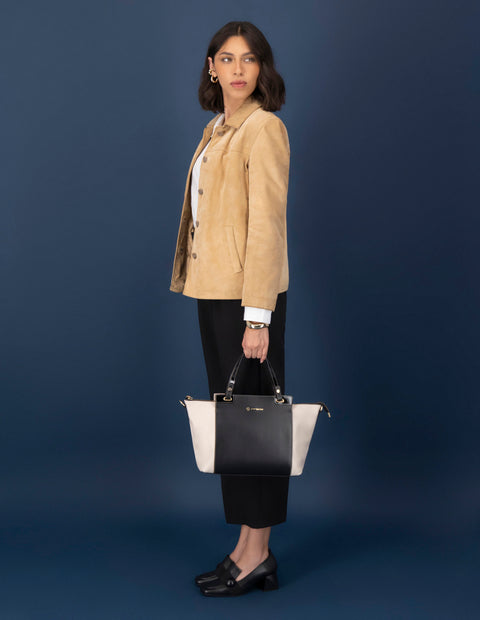 Bolso mano bicolor piel para mujer con letras color dorado
