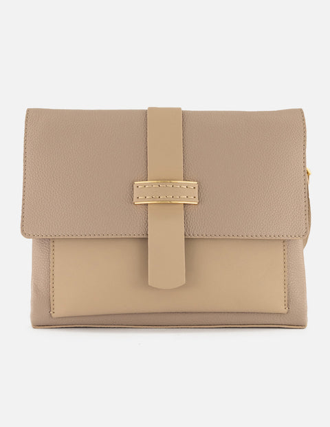 Bandolera beige piel para mujer con solapa