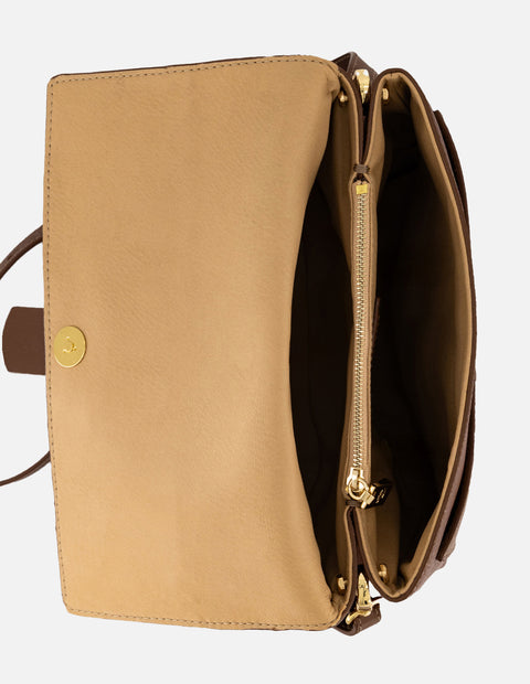 Bandolera café piel para mujer con solapa