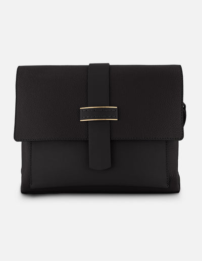 Bandolera negro piel para mujer con solapa