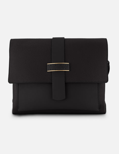 Bandolera negro piel para mujer con solapa