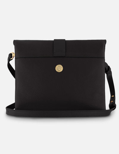 Bandolera negro piel para mujer con solapa