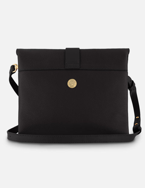 Bandolera negro piel para mujer con solapa