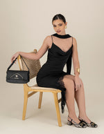 Satchel negro piel para mujer con pespuntes en contraste