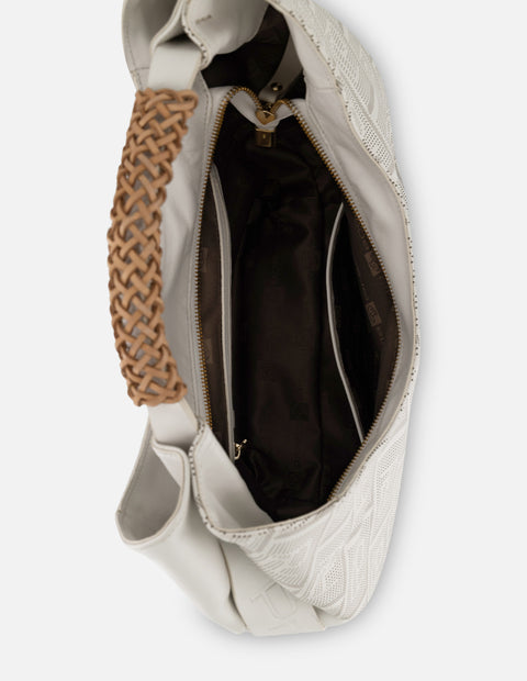Bolsa hobo blanco piel picada para mujer con patrón geométrico