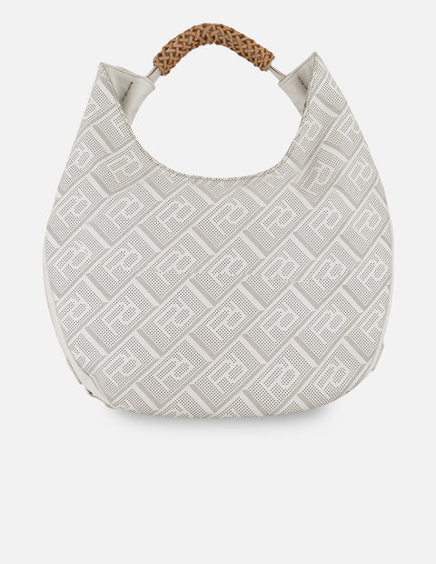 Bolsa hobo blanco piel picada para mujer con patrón geométrico