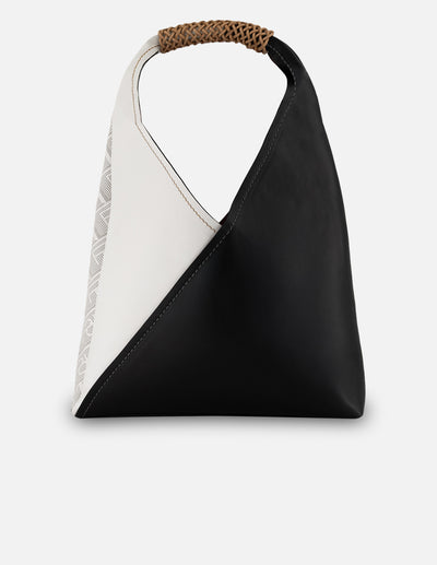 Bolsa hobo negro piel picada para mujer con contraste frontal