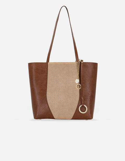 Tote café en piel ante con panel perforado y asas largas para mujer