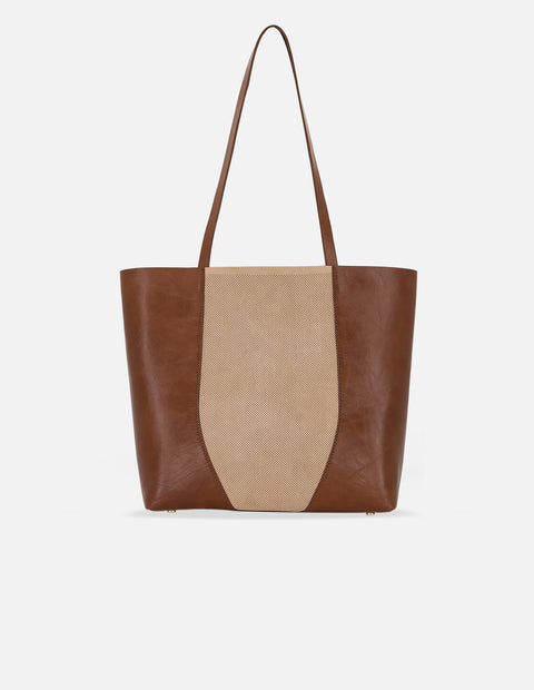 Tote café en piel ante con panel perforado y asas largas para mujer