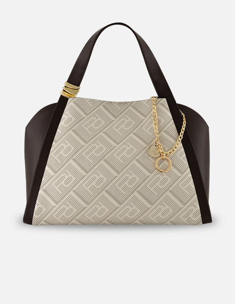 Bolso de hombro café piel picada para mujer con panel frontal geométrico
