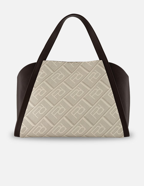 Bolso de hombro café piel picada para mujer con panel frontal geométrico