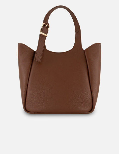 Bolso de hombro café piel para mujer con pompones decorativos