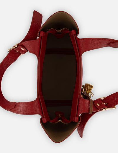 Bolso de hombro rojo piel para mujer con pompones decorativos