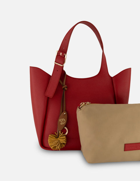 Bolso de hombro rojo piel para mujer con pompones decorativos