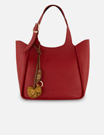 Bolso de hombro rojo piel para mujer con pompones decorativos