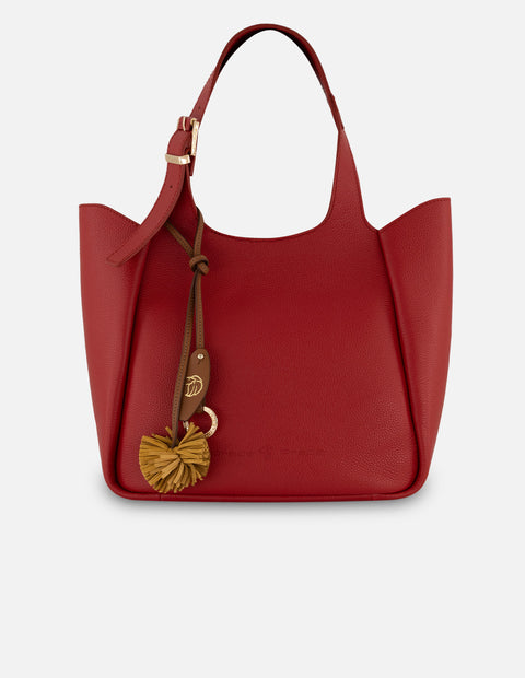 Bolso de hombro rojo piel para mujer con pompones decorativos