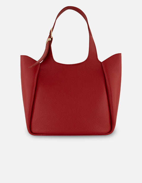Bolso de hombro rojo piel para mujer con pompones decorativos