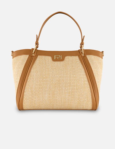 Bolso de hombro café en rafia para mujer con tejido tono beige