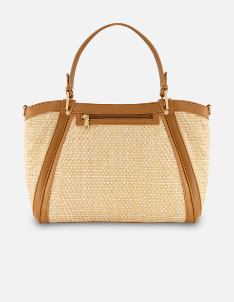 Bolso de hombro café en rafia para mujer con tejido tono beige
