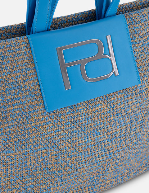 Tote azul en rafia para mujer con panel frontal texturizado